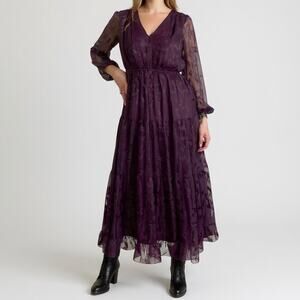Purple Floral Jacquard Tiered Long Puff Sleeved Flowy Maxi Witchy Boho Dress